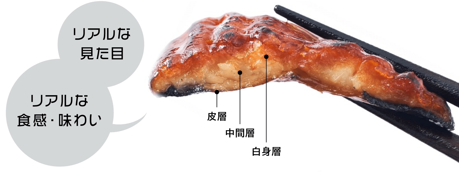 リアルな見た目　リアルな食感・風味　皮層　中間層　白身層